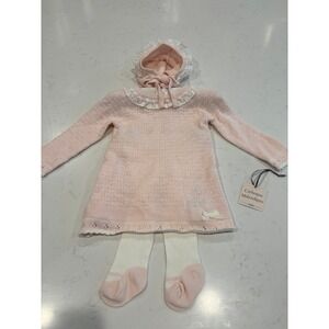 NEW !! Beautiful 3 Piece Catherine Malandrino Knit And Lace Dress Bonnet &Tights